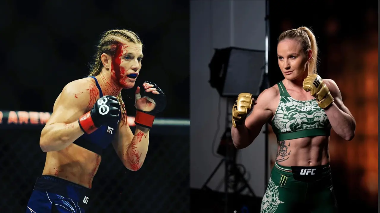 Image divisée : à gauche, une combattante, le visage ensanglanté, participe à un combat UFC et semble déterminée. À droite, une combattante concentrée pose en tenue UFC.