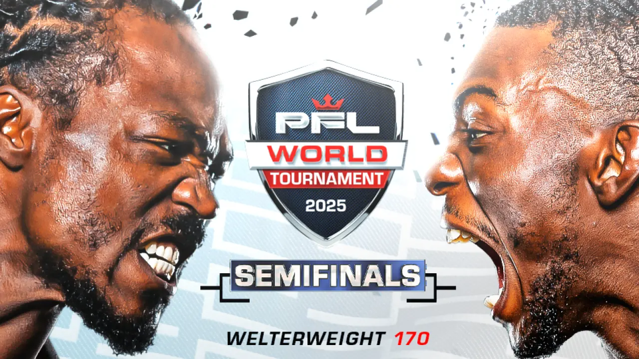 Deux combattants s'affrontent avec agressivité, les dents serrées, ce qui souligne la tension. Le texte indique : « Tournoi mondial PFL 2025, demi-finales, poids welters 170 ».