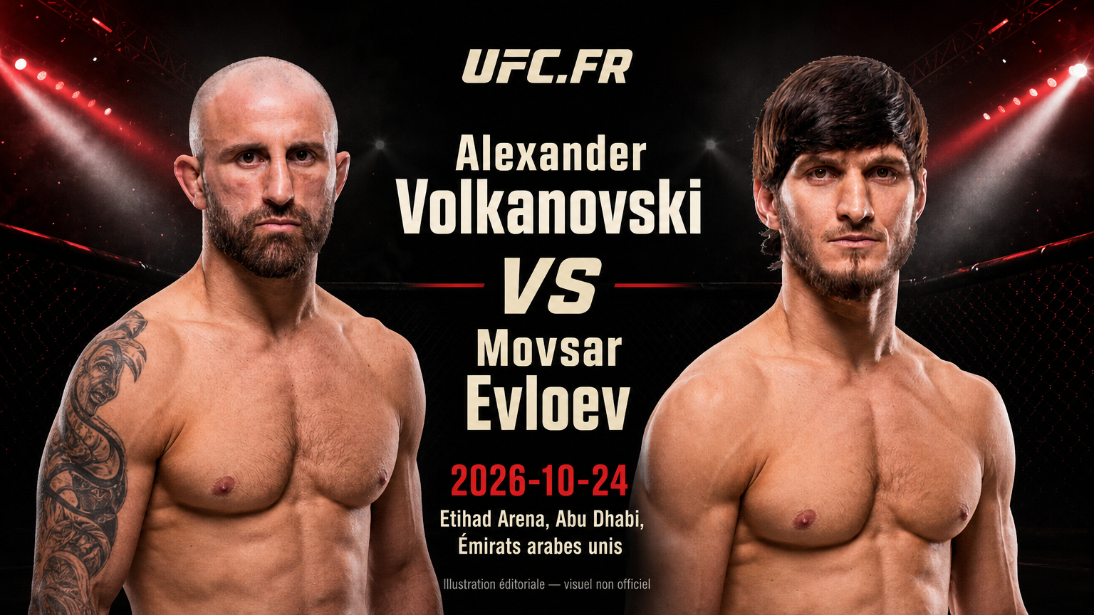Illustration éditoriale non officielle : Alexander Volkanovski contre Movsar Evloev, 2026-10-24